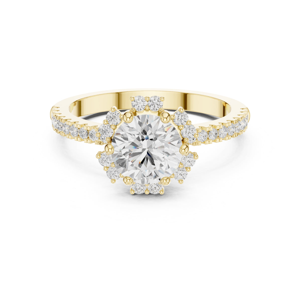 1.00 ct Round Lab-Grown Diamond Scalloped Halo Ring 1ct Yellow Gold