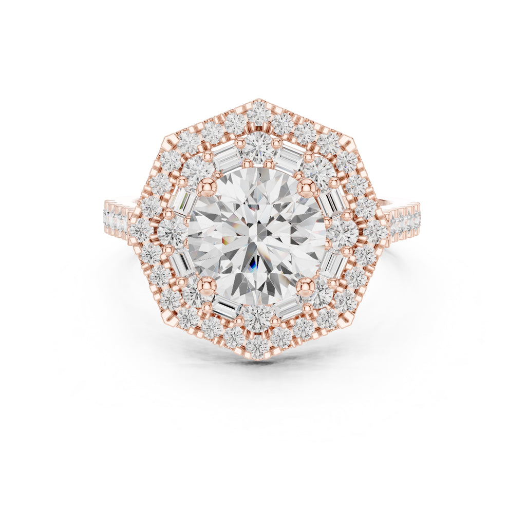 1.50 ct Round Lab-Grown Diamond Double Hexagon Halo Ring 1.5ct Rose Gold