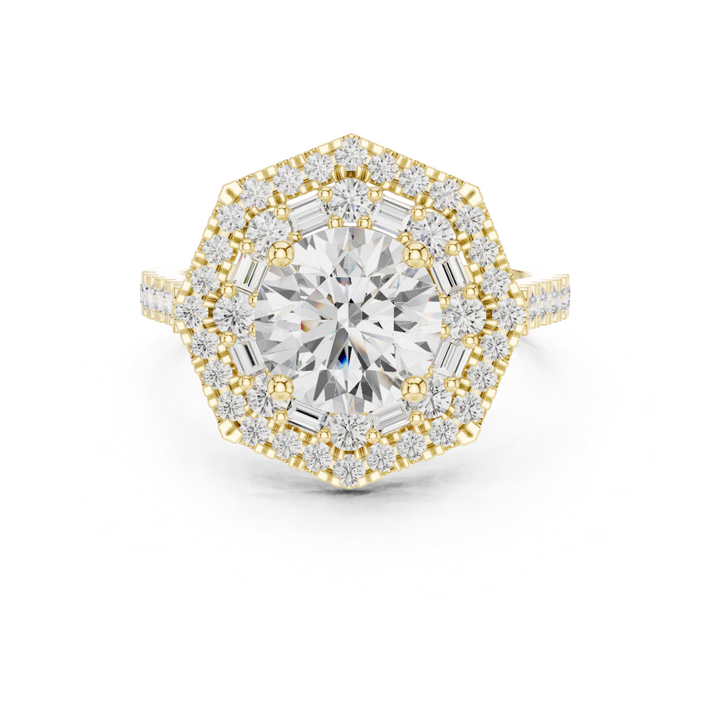 1.50 ct Round Lab-Grown Diamond Double Hexagon Halo Ring 1.5ct Yellow Gold