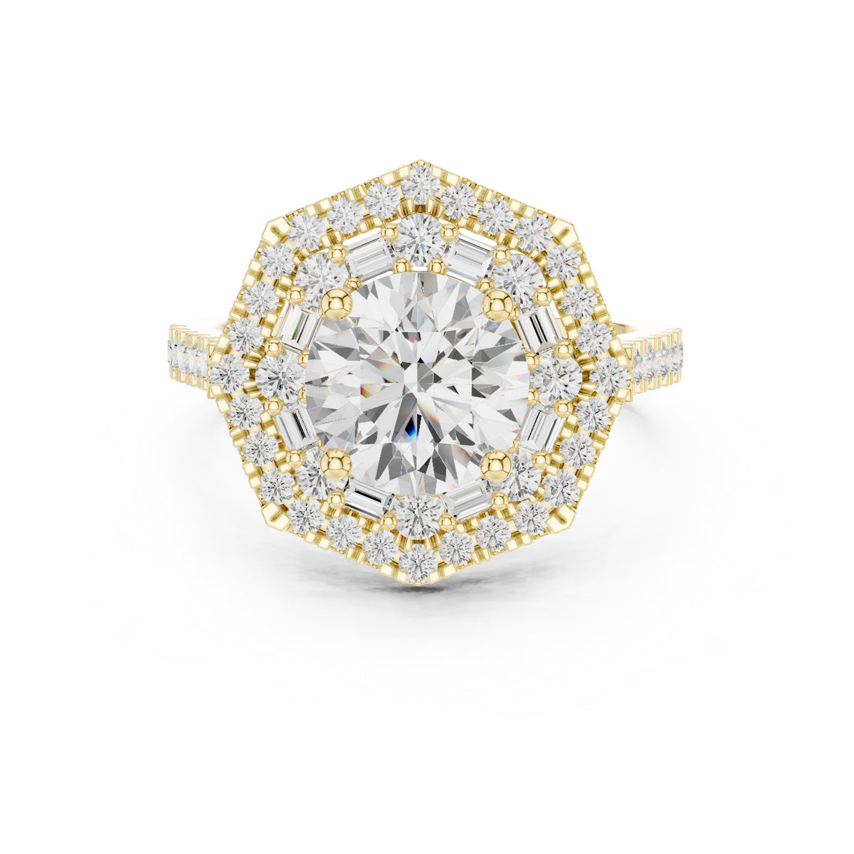 1.50 ct Round Lab-Grown Diamond Double Hexagon Halo Ring 1.5ct Yellow Gold