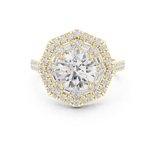1.50 ct Round Lab-Grown Diamond Double Hexagon Halo Ring 1.5ct Yellow Gold
