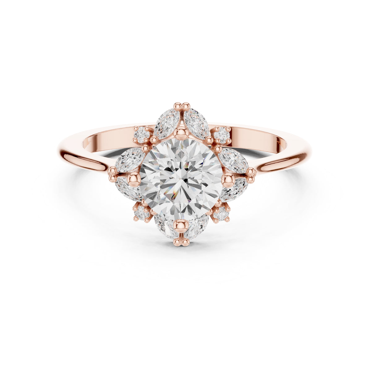 1.00 ct Round Marquise Cluster Engagement Ring 1ct Rose Gold