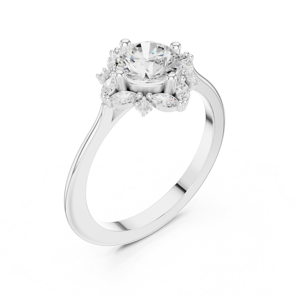 1.00 ct Round Marquise Cluster Engagement Ring 1ct White Gold