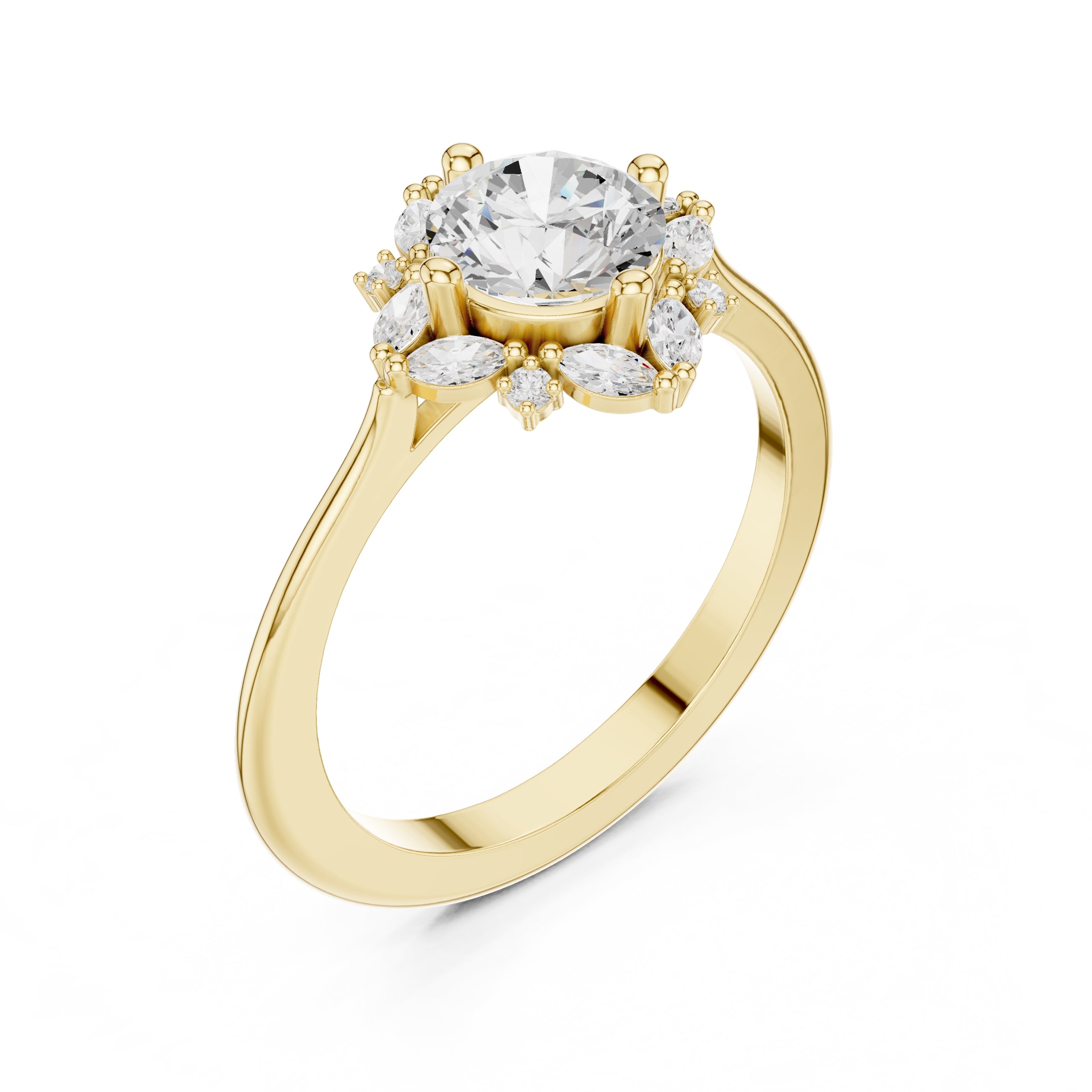 1.00 ct Round Marquise Cluster Engagement Ring 1ct Yellow Gold