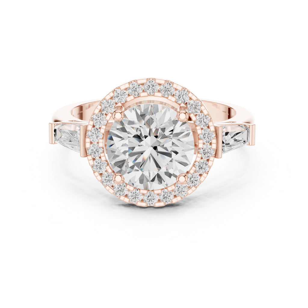 2.00 ct Round Lab-Grown Diamond Baguette Halo Ring 2ct Rose Gold