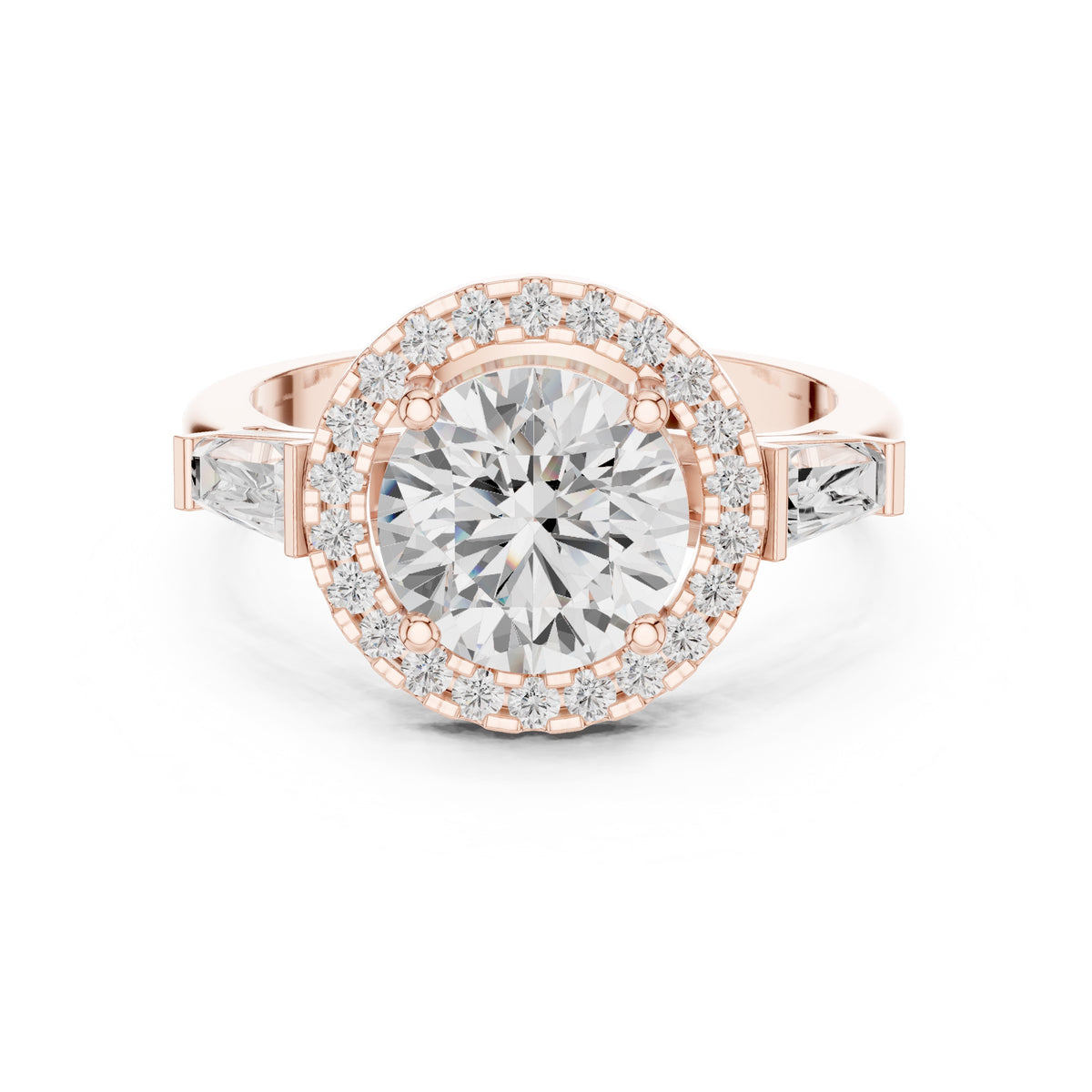 2.00 ct Round Lab-Grown Diamond Baguette Halo Ring 2ct Rose Gold