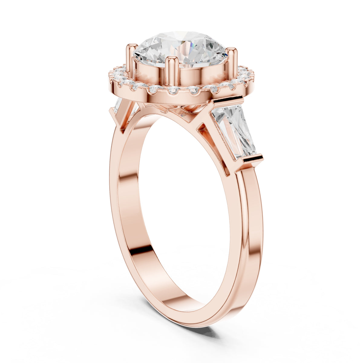 2.00 ct Round Lab-Grown Diamond Baguette Halo Ring 2ct Rose Gold