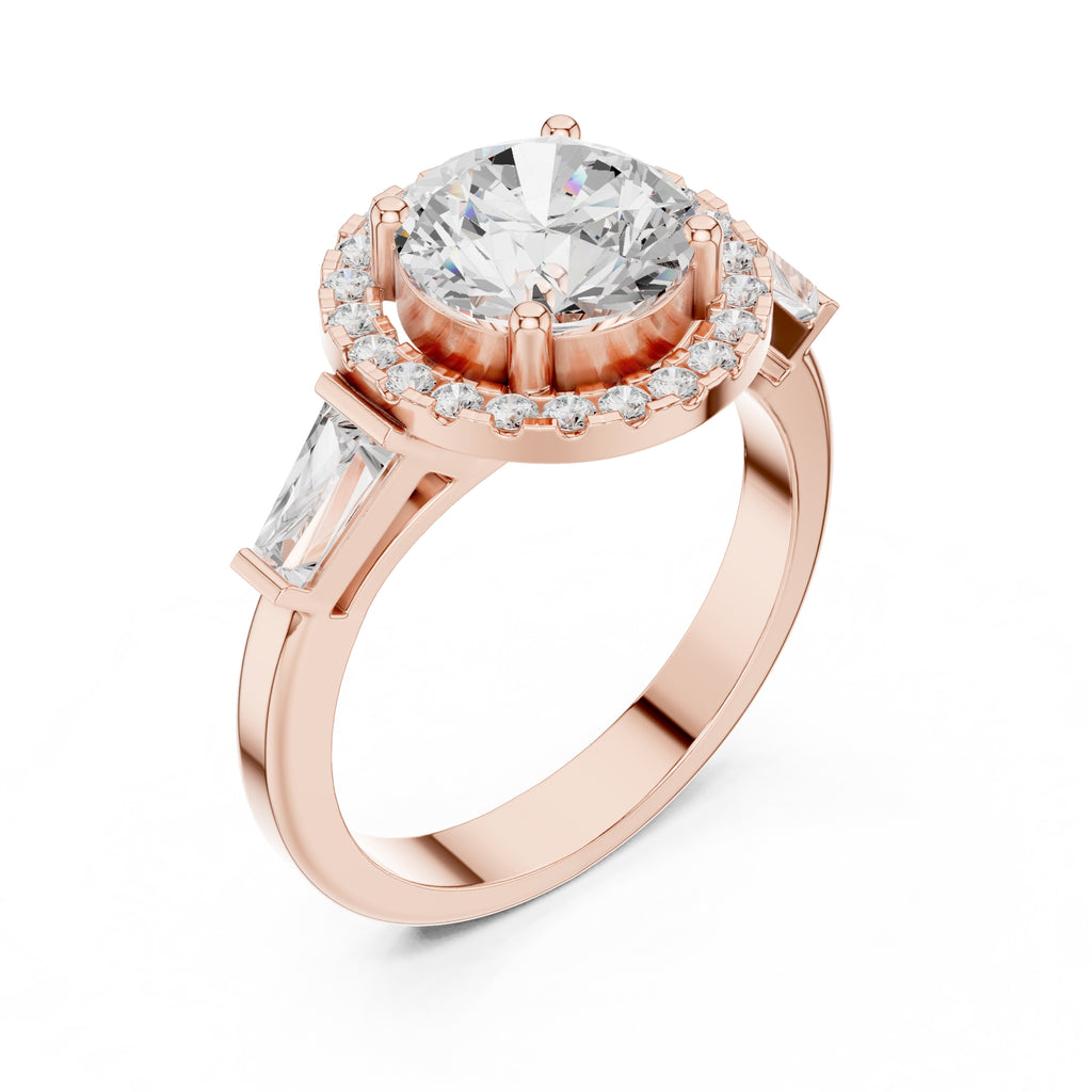 2.00 ct Round Lab-Grown Diamond Baguette Halo Ring 2ct Rose Gold
