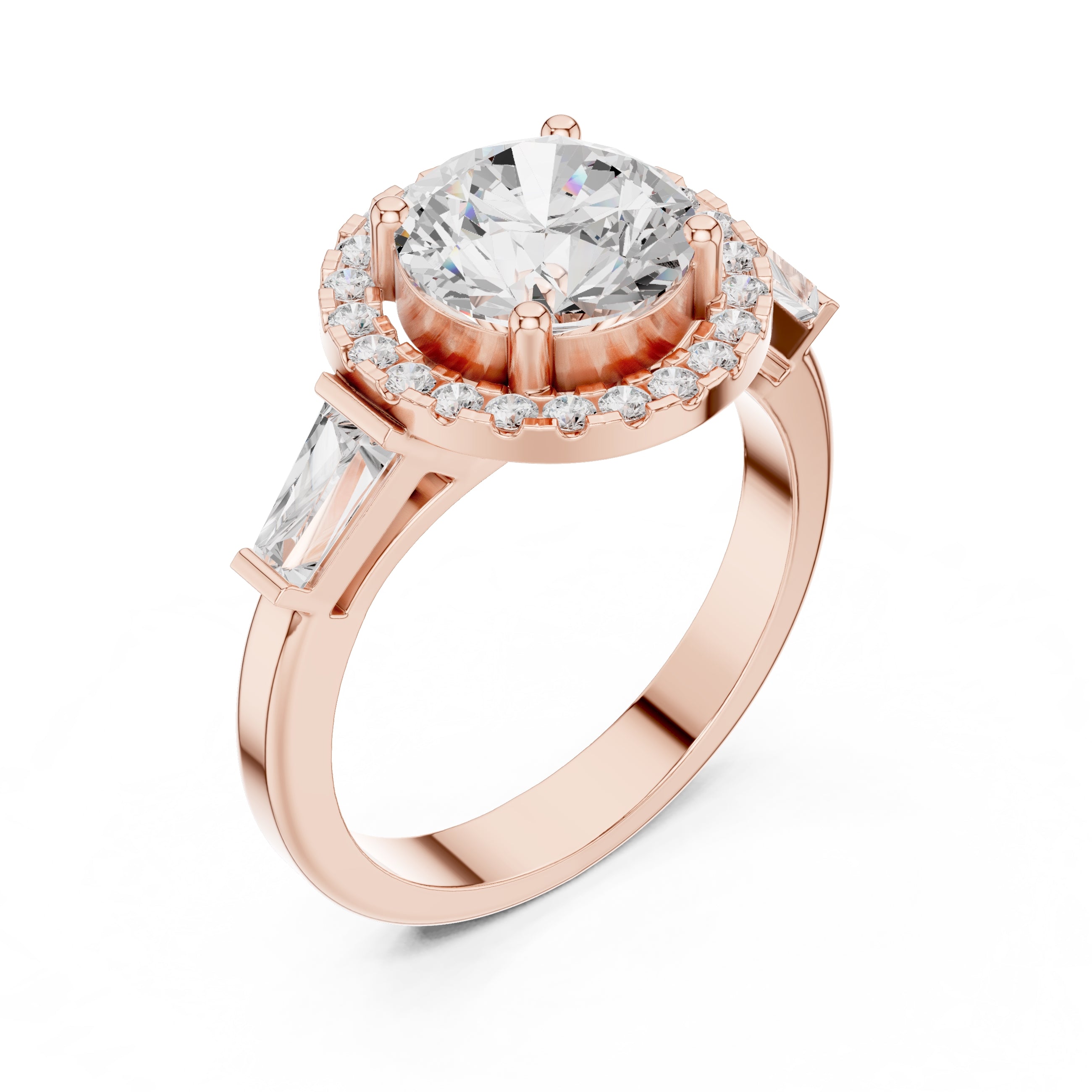 2.00 ct Round Lab-Grown Diamond Baguette Halo Ring 2ct Rose Gold