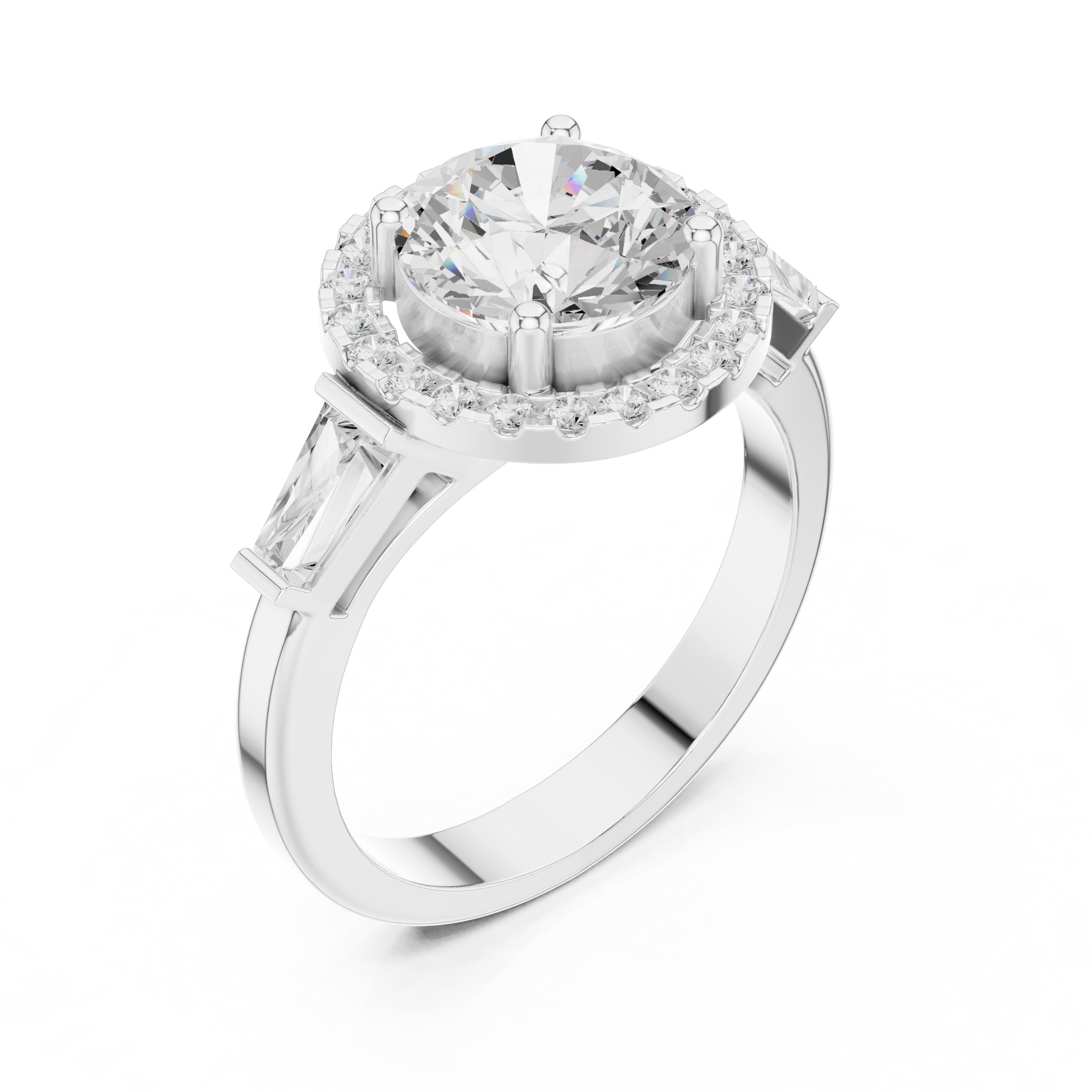 2.00 ct Round Lab-Grown Diamond Baguette Halo Ring 2ct White Gold