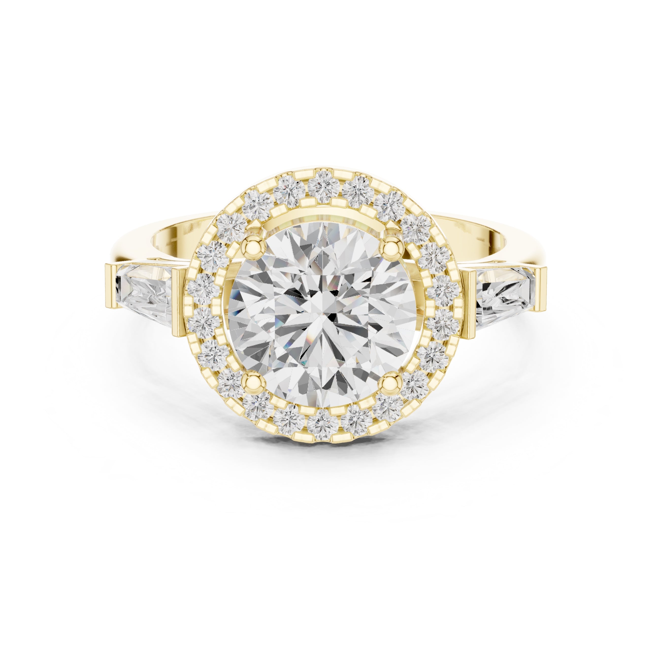 2.00 ct Round Lab-Grown Diamond Baguette Halo Ring 2ct Yellow Gold