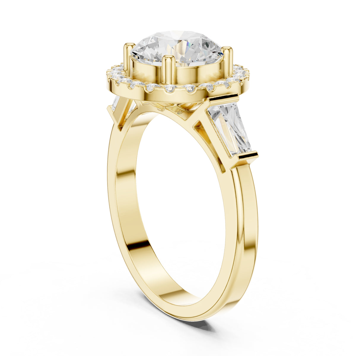 2.00 ct Round Lab-Grown Diamond Baguette Halo Ring 2ct Yellow Gold