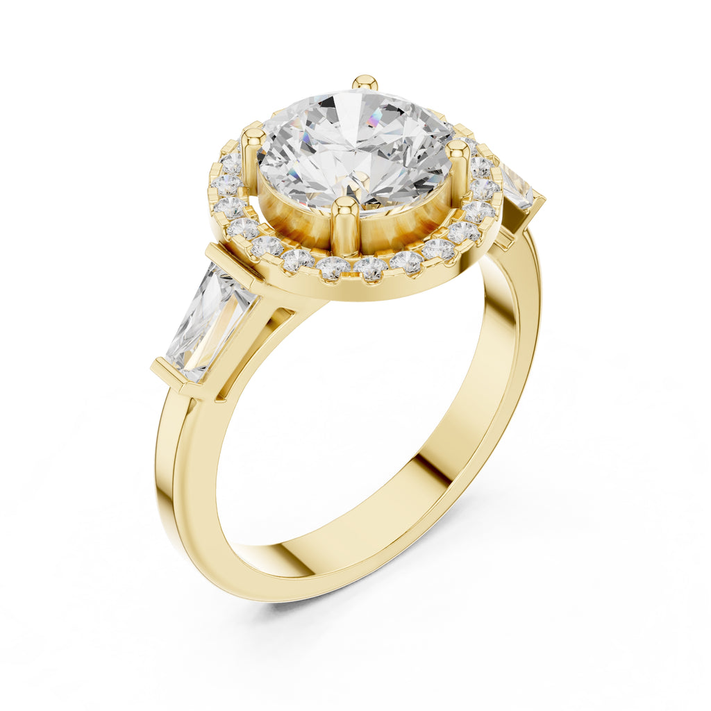 2.00 ct Round Lab-Grown Diamond Baguette Halo Ring 2ct Yellow Gold