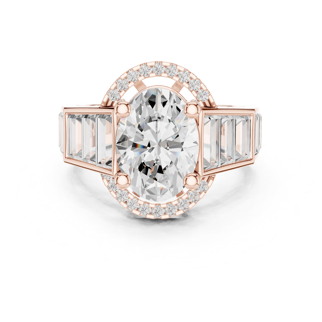 3.50 ct Oval Lab-Grown Diamond Baguette Halo Ring 3.5ct Rose Gold