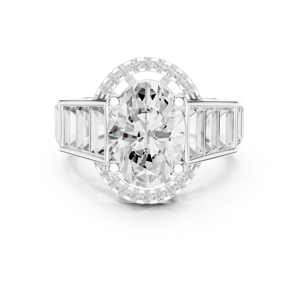 3.50 ct Oval Lab-Grown Diamond Baguette Halo Ring 3.5ct White Gold