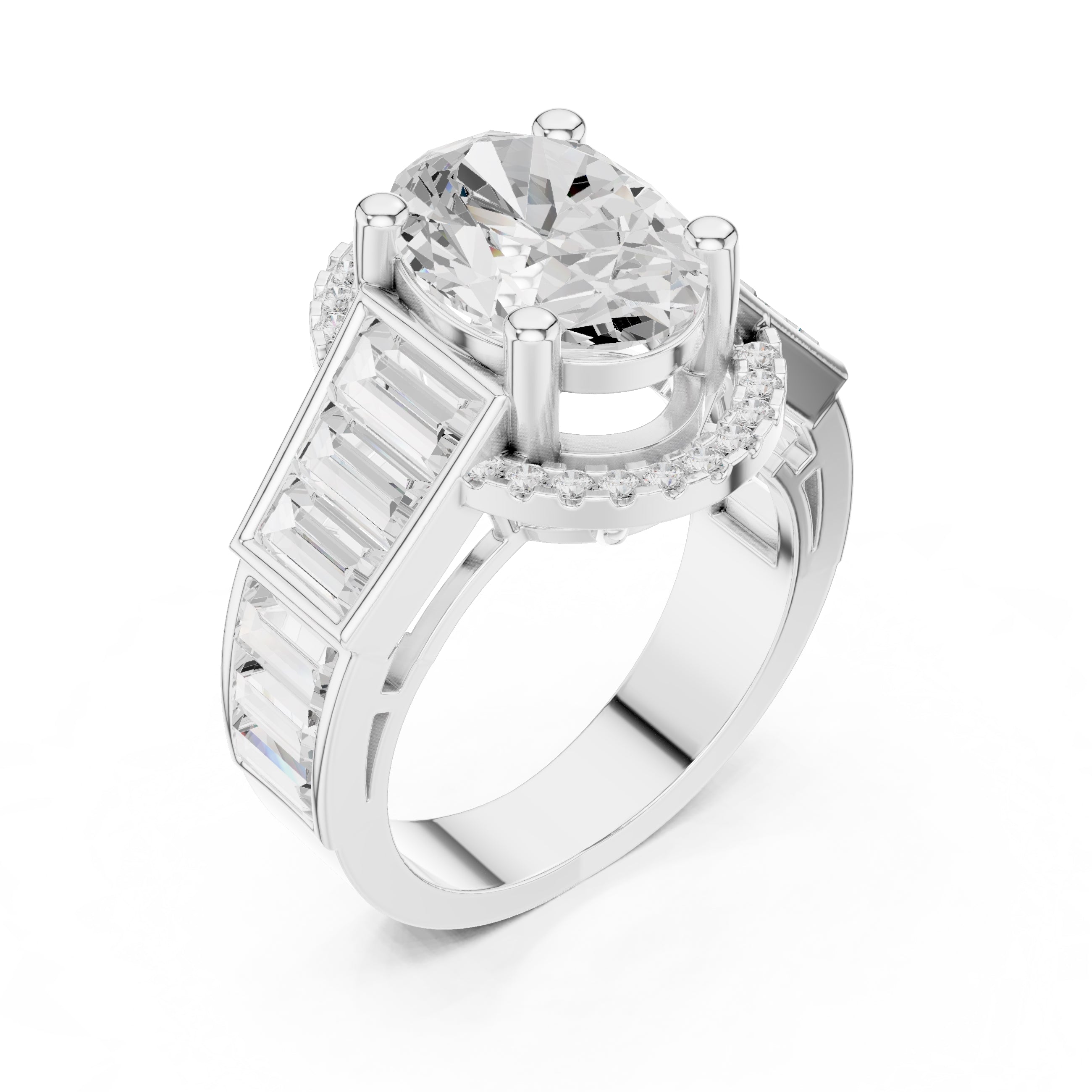 3.50 ct Oval Lab-Grown Diamond Baguette Halo Ring 3.5ct White Gold