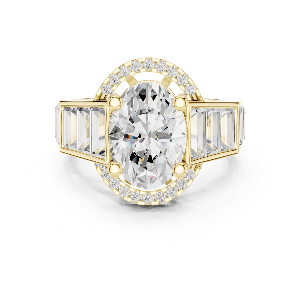 3.50 ct Oval Lab-Grown Diamond Baguette Halo Ring 3.5ct Yellow Gold