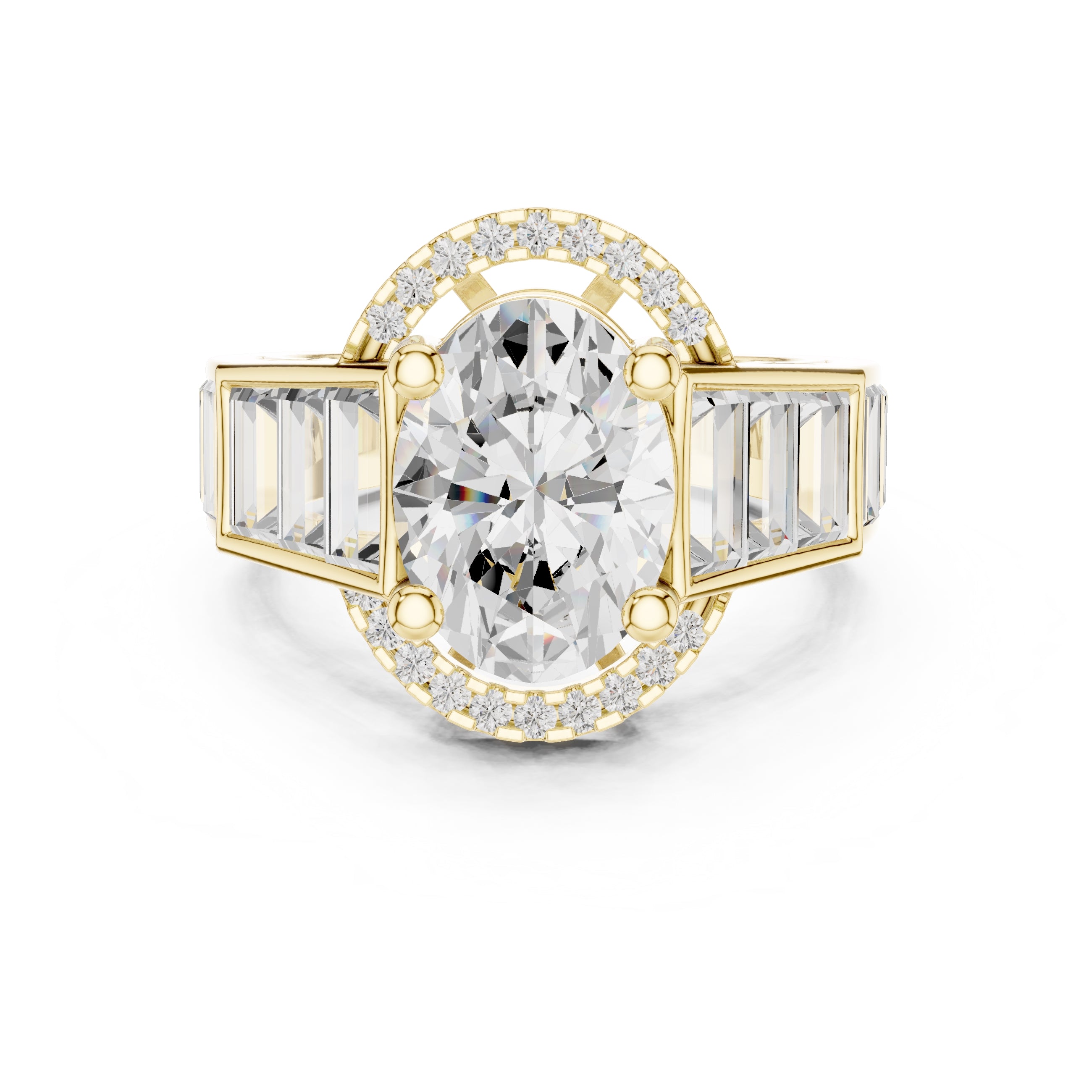 3.50 ct Oval Lab-Grown Diamond Baguette Halo Ring 3.5ct Yellow Gold
