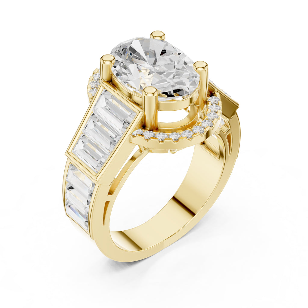 3.50 ct Oval Lab-Grown Diamond Baguette Halo Ring 3.5ct Yellow Gold