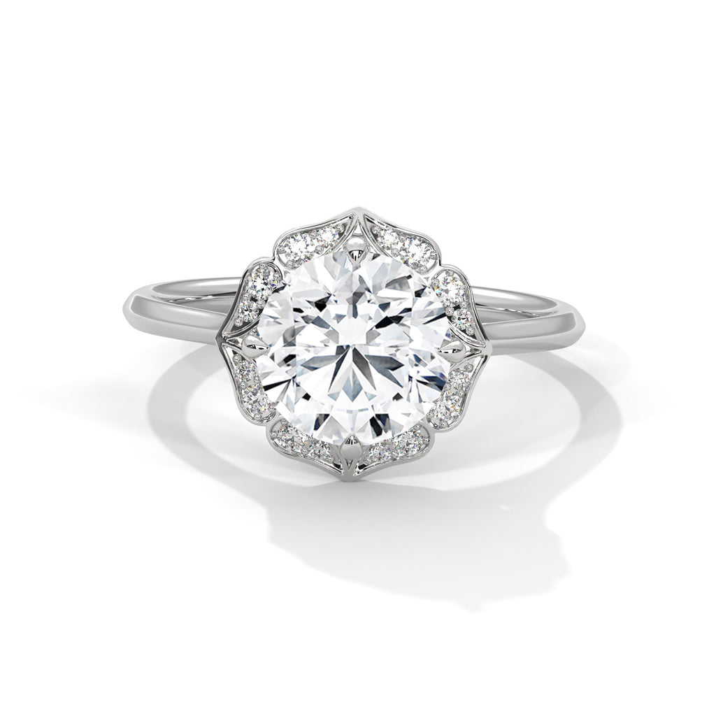 2.00 ct Vintage Style Floral Halo Round Lab-Grown Diamond Ring 2ct White Gold