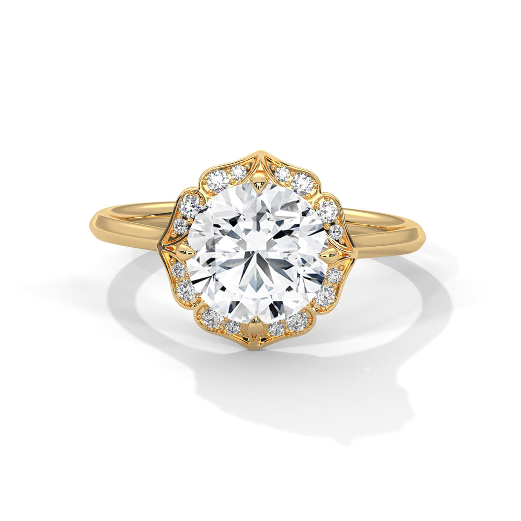 2.00 ct Vintage Style Floral Halo Round Lab-Grown Diamond Ring 2ct Yellow Gold