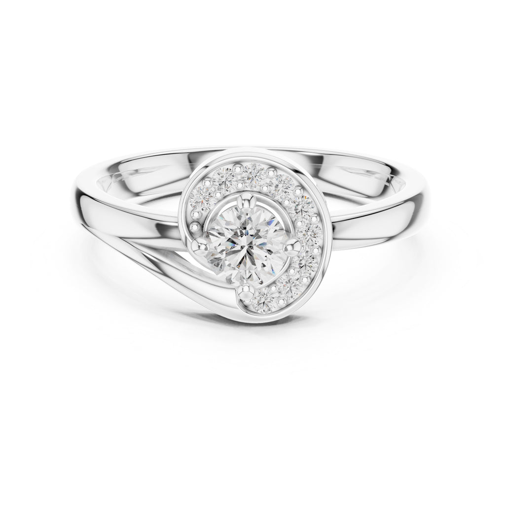 Swirling Crescent Halo Statement Ring White Gold