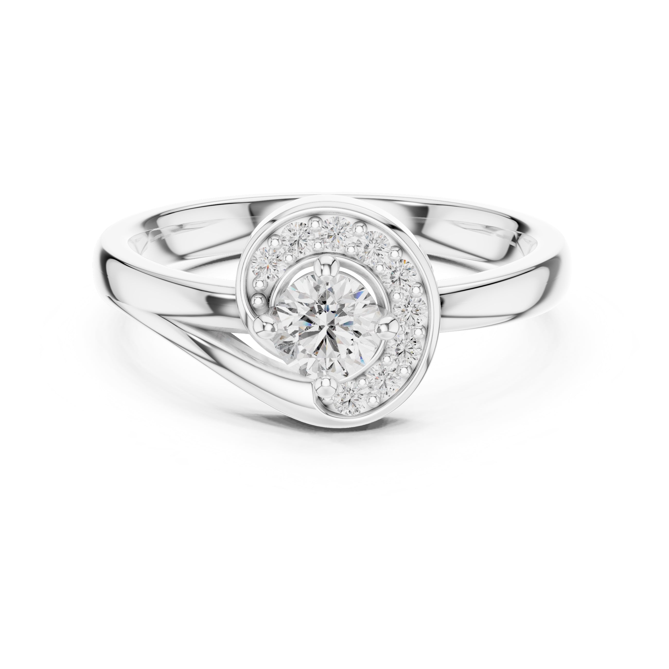 Swirling Crescent Halo Statement Ring White Gold