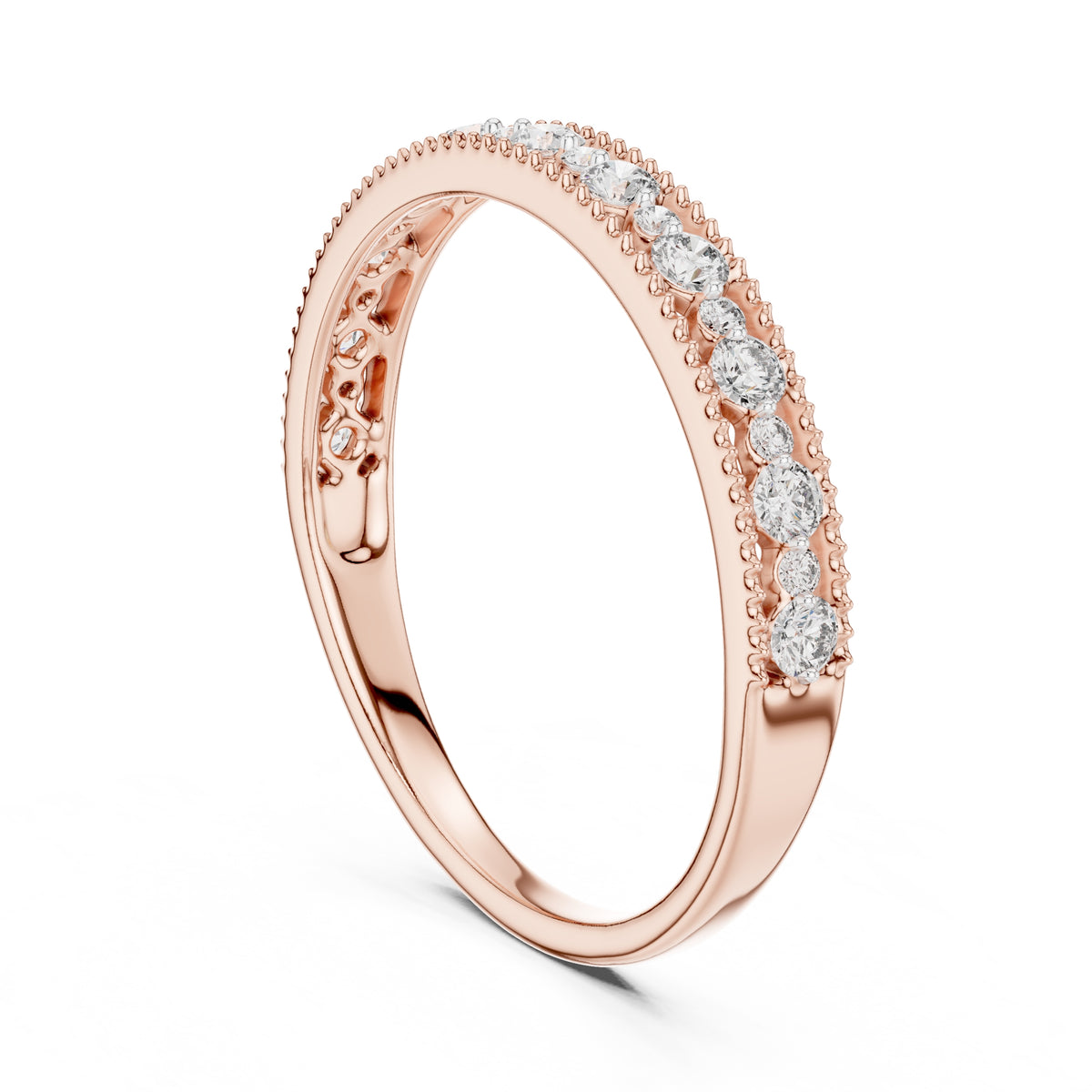Milgrain Alternating Diamond Band Statement Ring Rose Gold