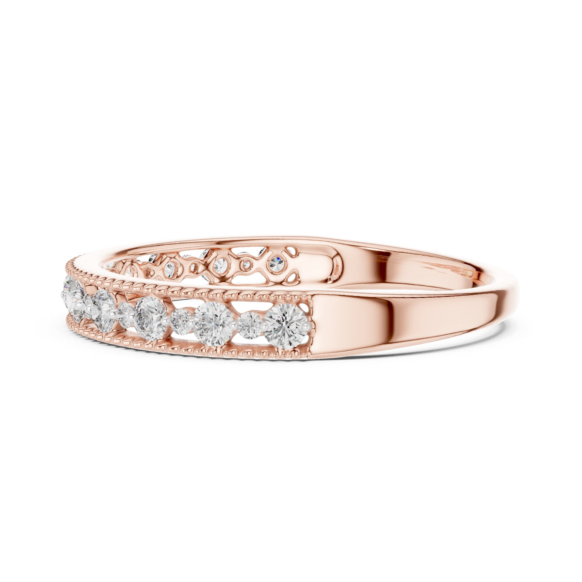 Milgrain Alternating Diamond Band Statement Ring Rose Gold