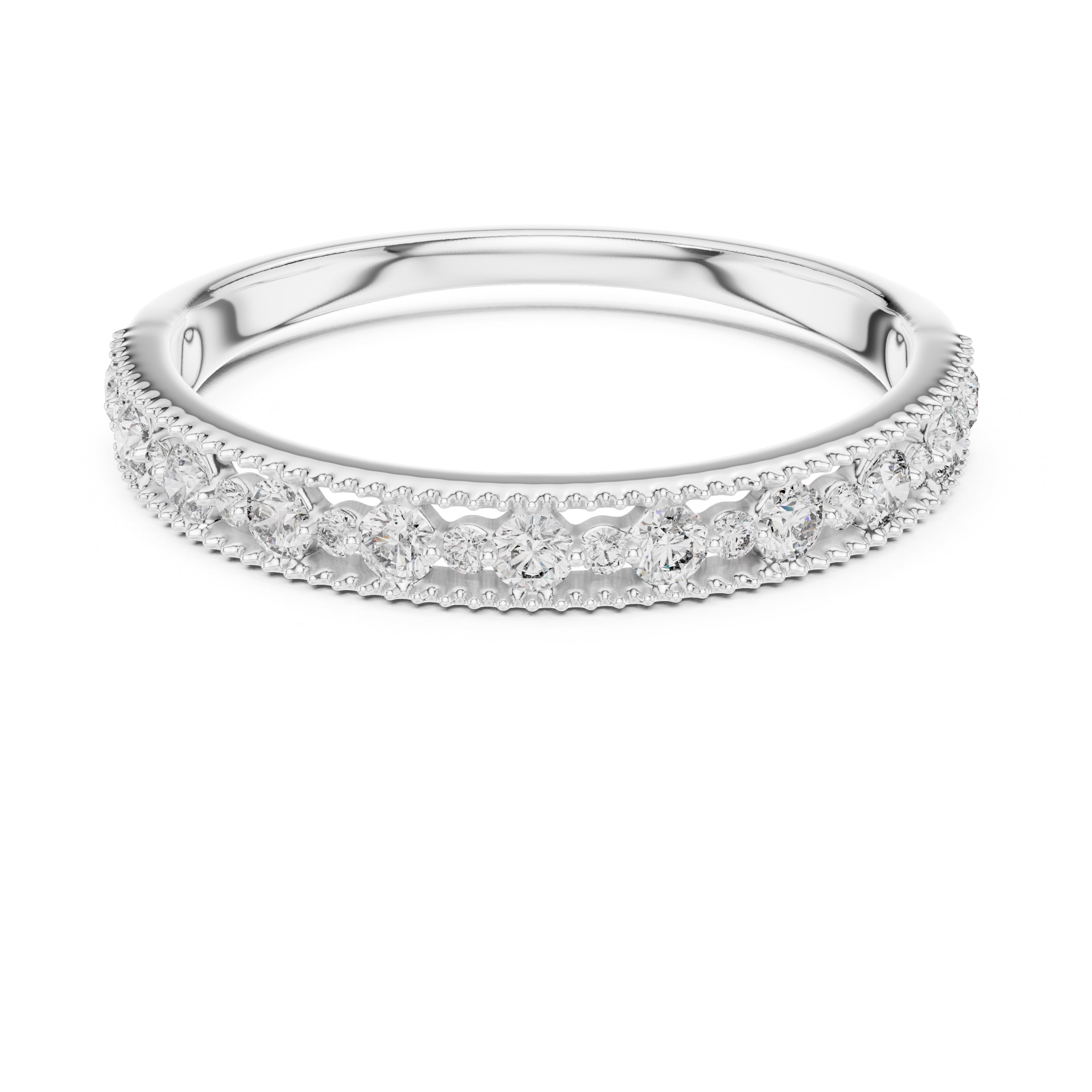 Milgrain Alternating Diamond Band Statement Ring White Gold