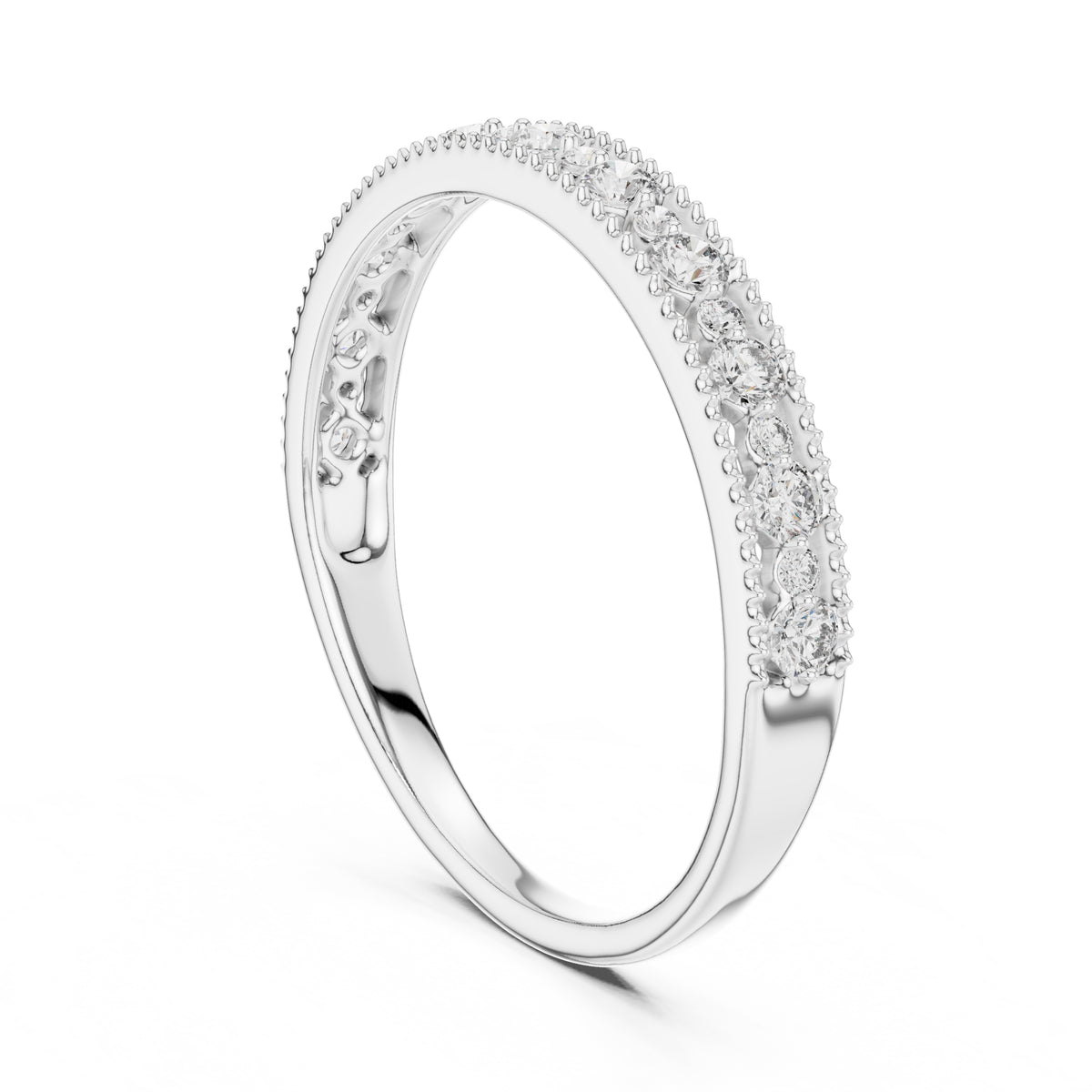 Milgrain Alternating Diamond Band Statement Ring White Gold