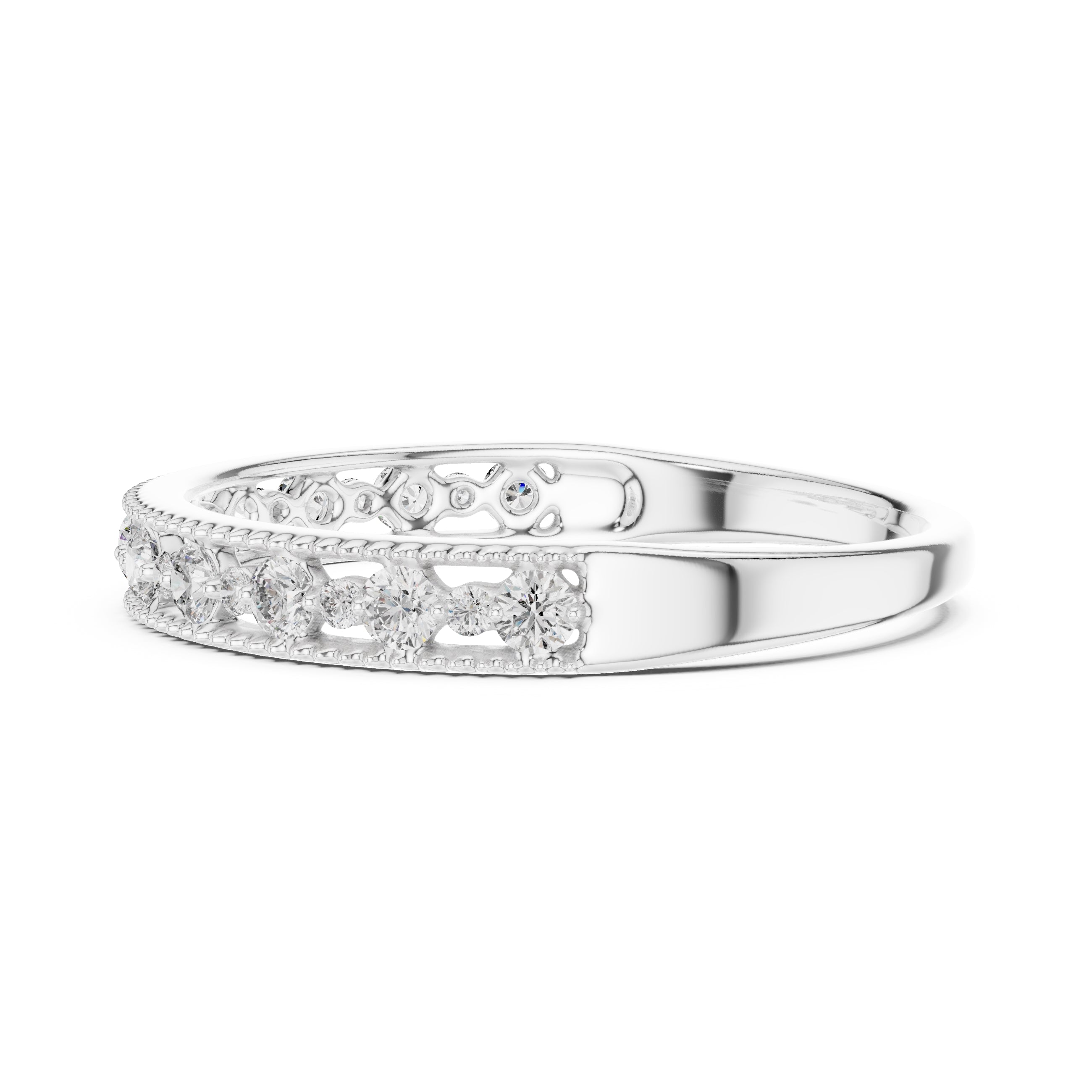 Milgrain Alternating Diamond Band Statement Ring White Gold