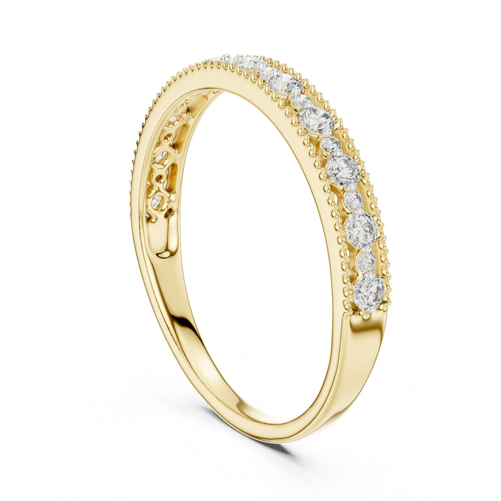 Milgrain Alternating Diamond Band Statement Ring Yellow Gold