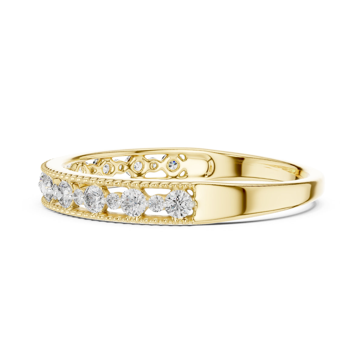 Milgrain Alternating Diamond Band Statement Ring Yellow Gold