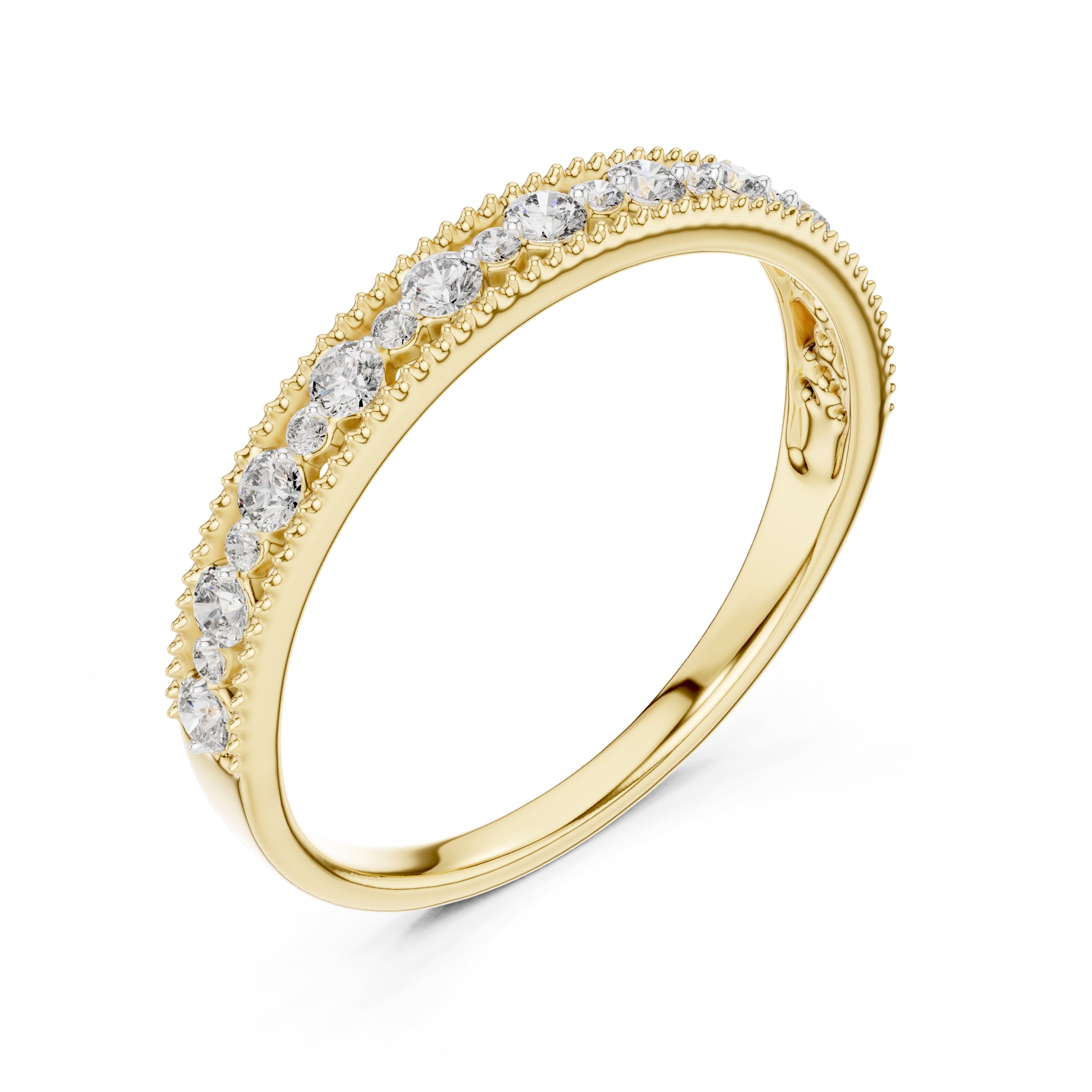 Milgrain Alternating Diamond Band Statement Ring Yellow Gold