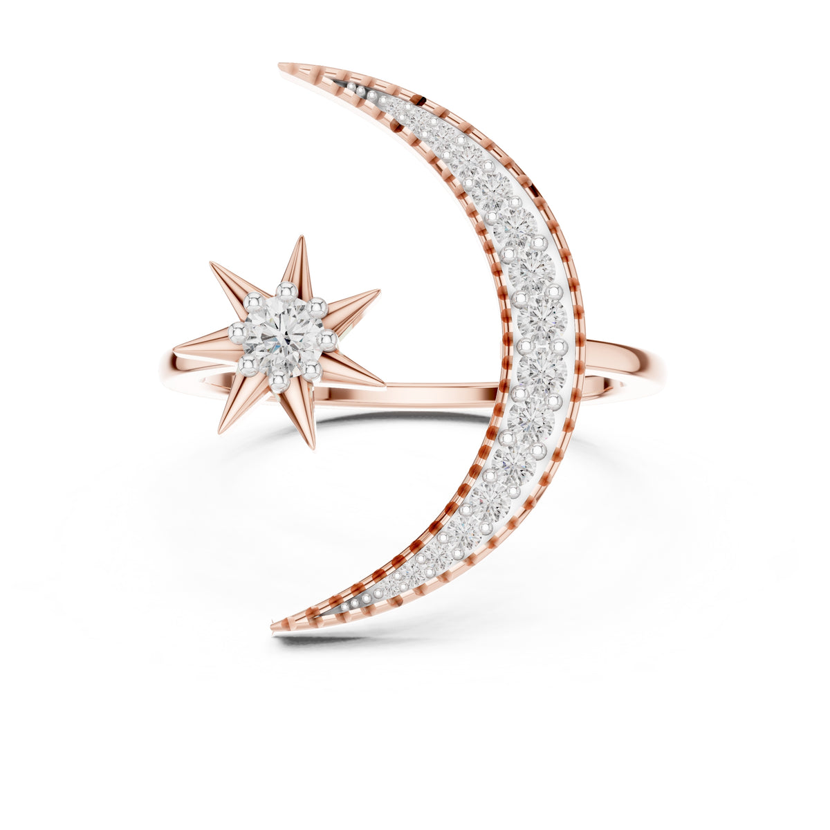 Celestial Crescent and Star Statement Ring Rose Gold