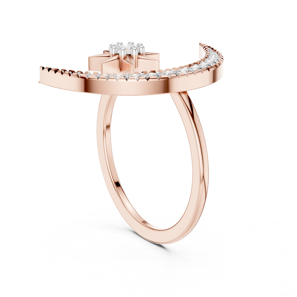 Celestial Crescent and Star Statement Ring Rose Gold