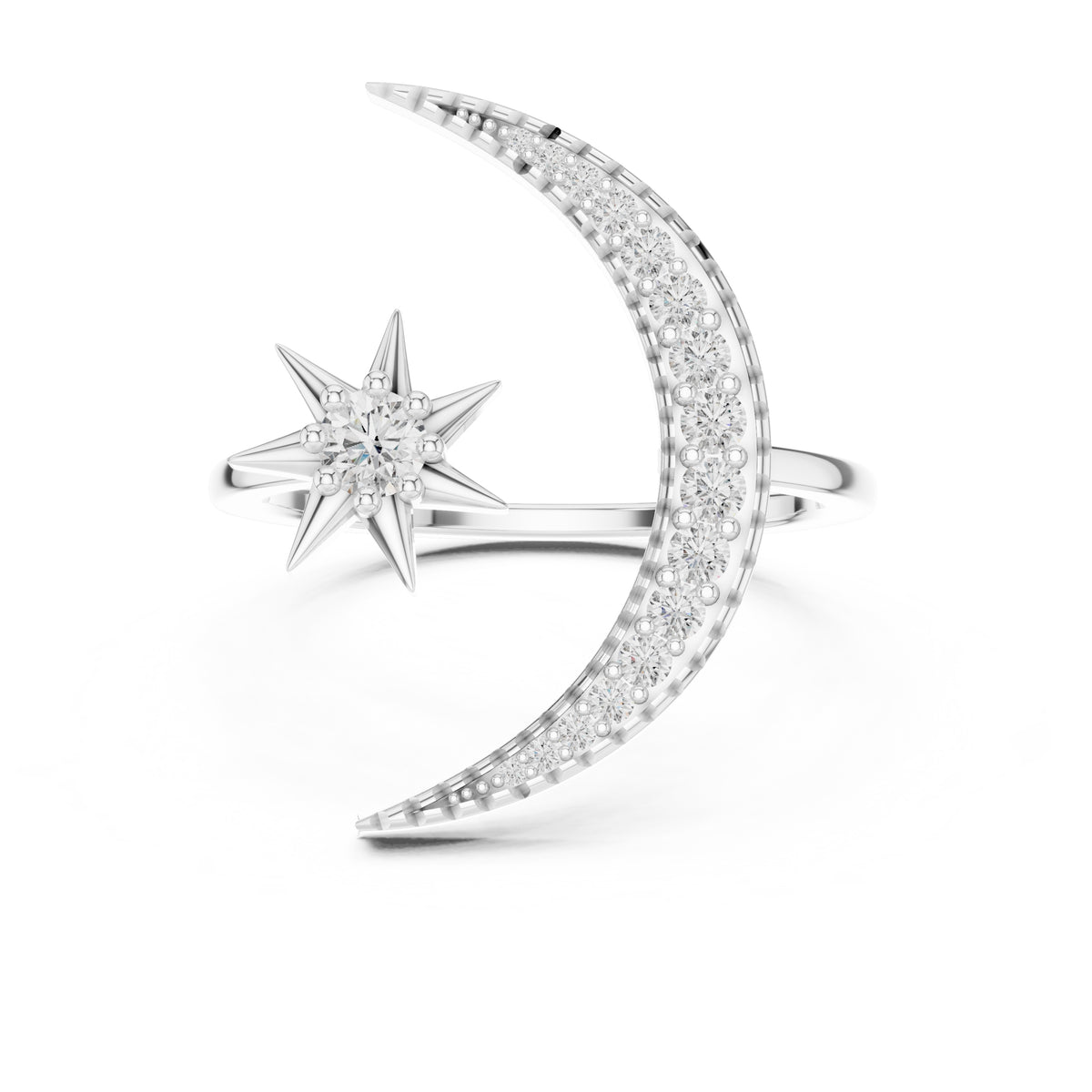 Celestial Crescent and Star Statement Ring White Gold