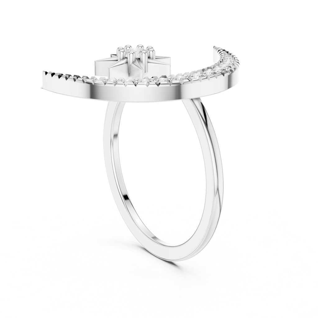 Celestial Crescent and Star Statement Ring White Gold