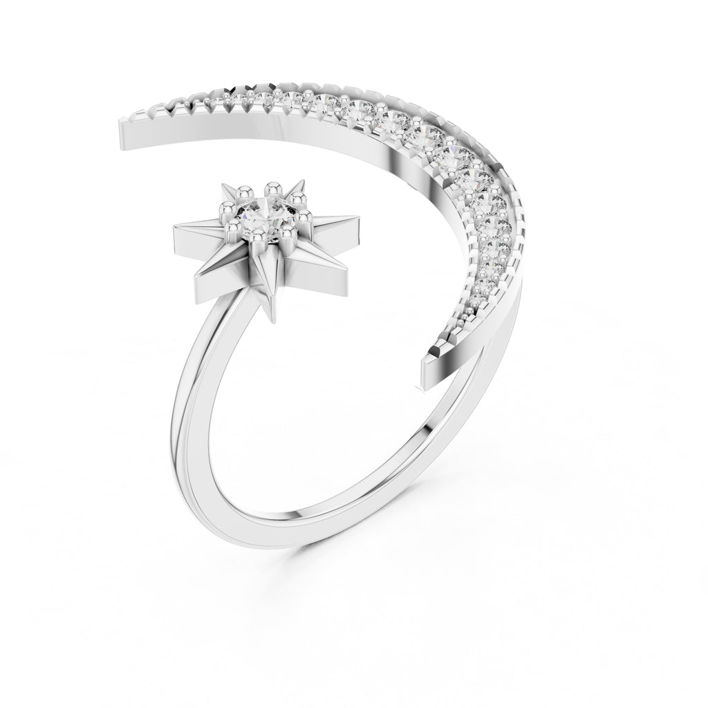 Celestial Crescent and Star Statement Ring White Gold