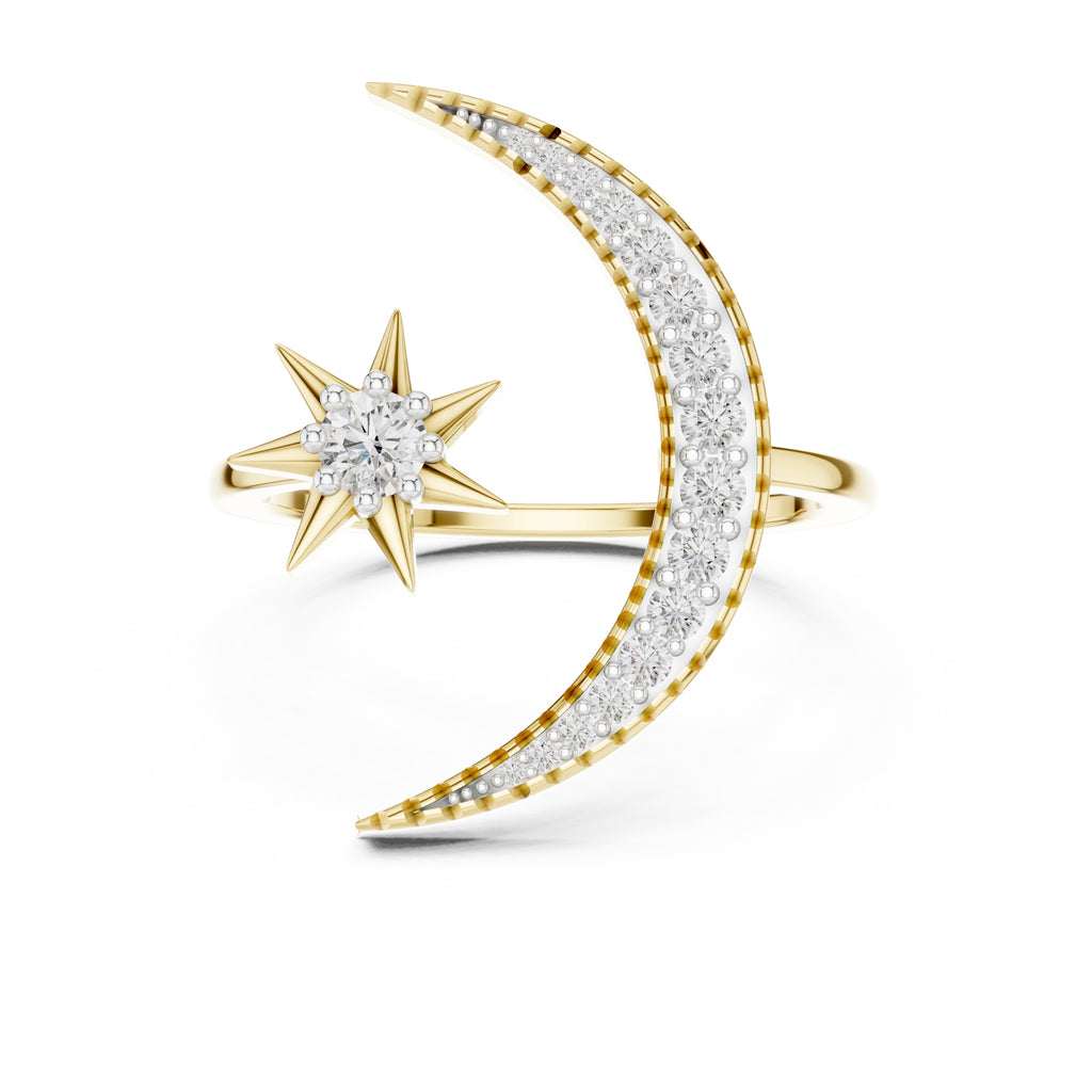Celestial Crescent and Star Statement Ring Yellow Gold