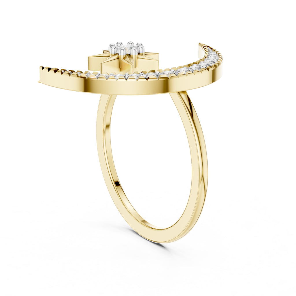 Celestial Crescent and Star Statement Ring Yellow Gold