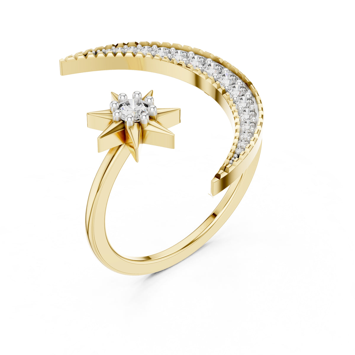 Celestial Crescent and Star Statement Ring Yellow Gold