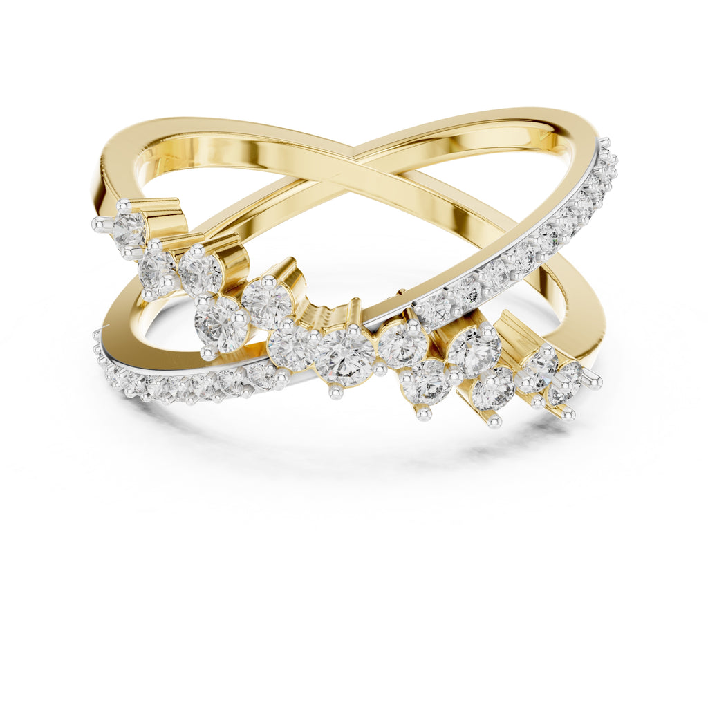 Cross-Over Pavé Cluster Statement Ring Yellow Gold