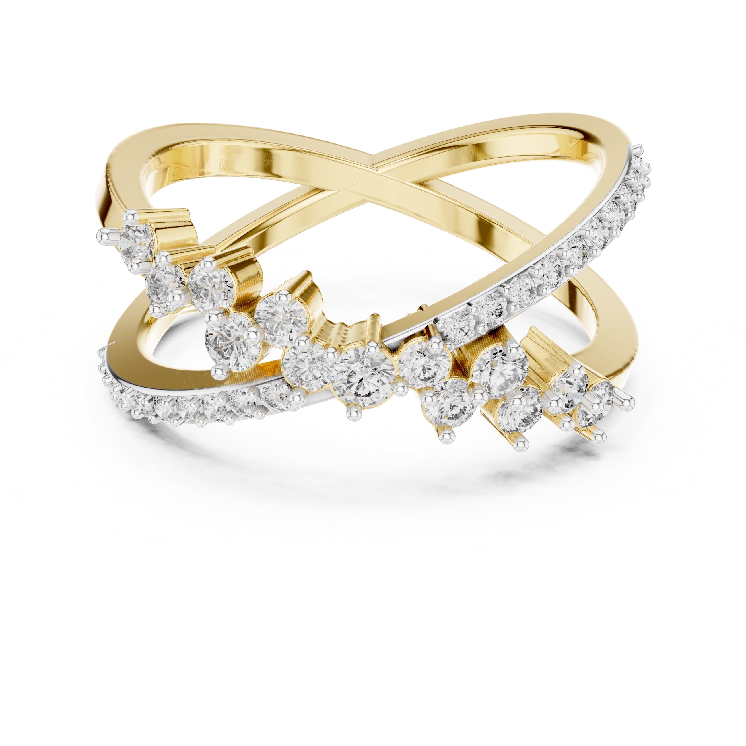 Cross-Over Pavé Cluster Statement Ring Yellow Gold