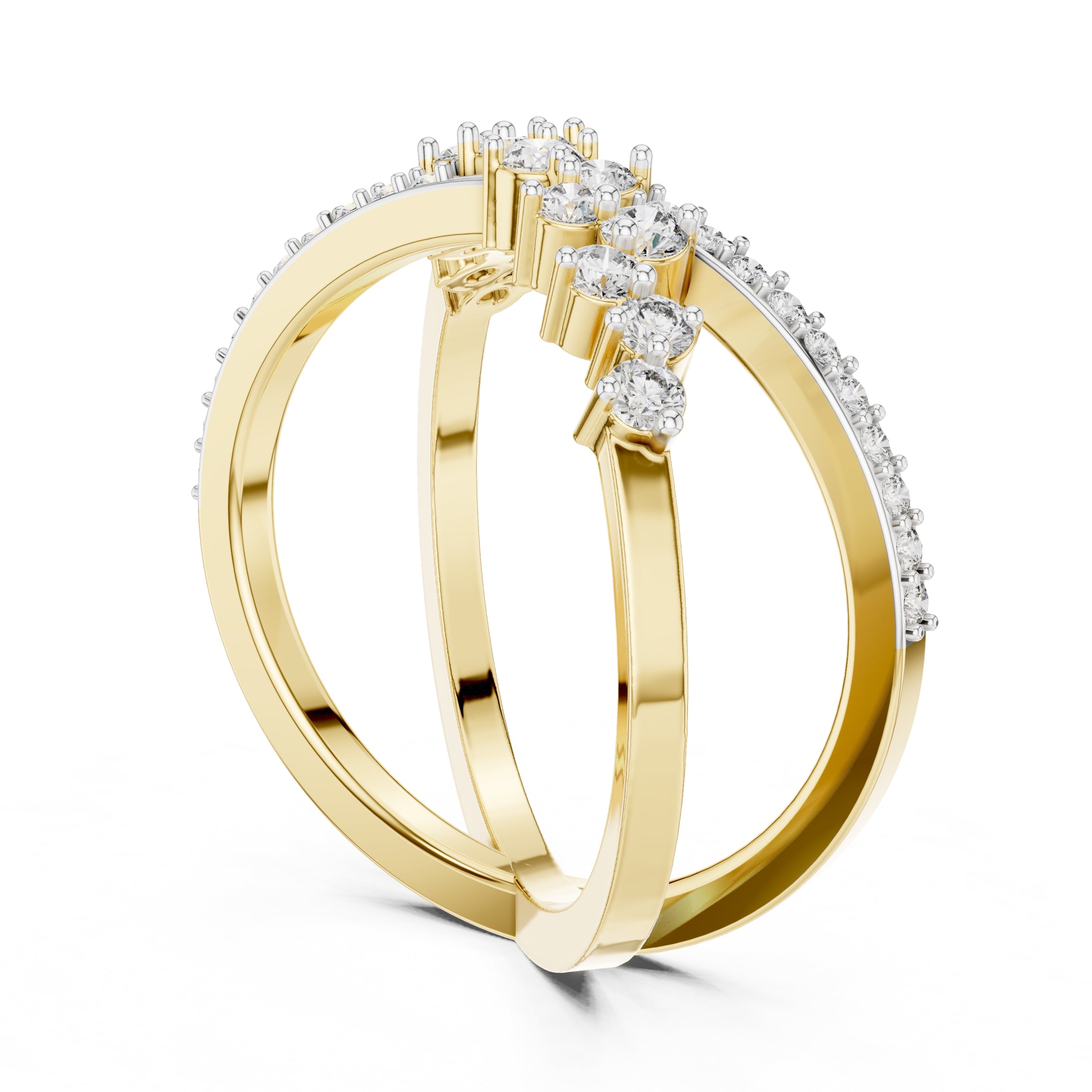 Cross-Over Pavé Cluster Statement Ring Yellow Gold