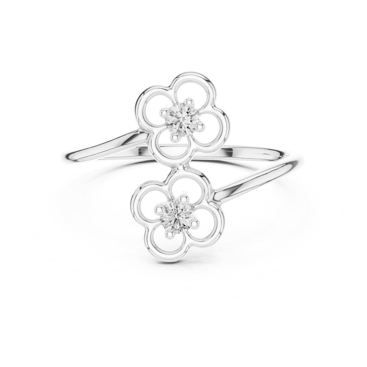 Dual Clover Blossom Minimalist Ring White Gold
