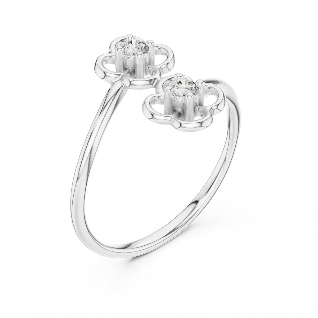 Dual Clover Blossom Minimalist Ring White Gold