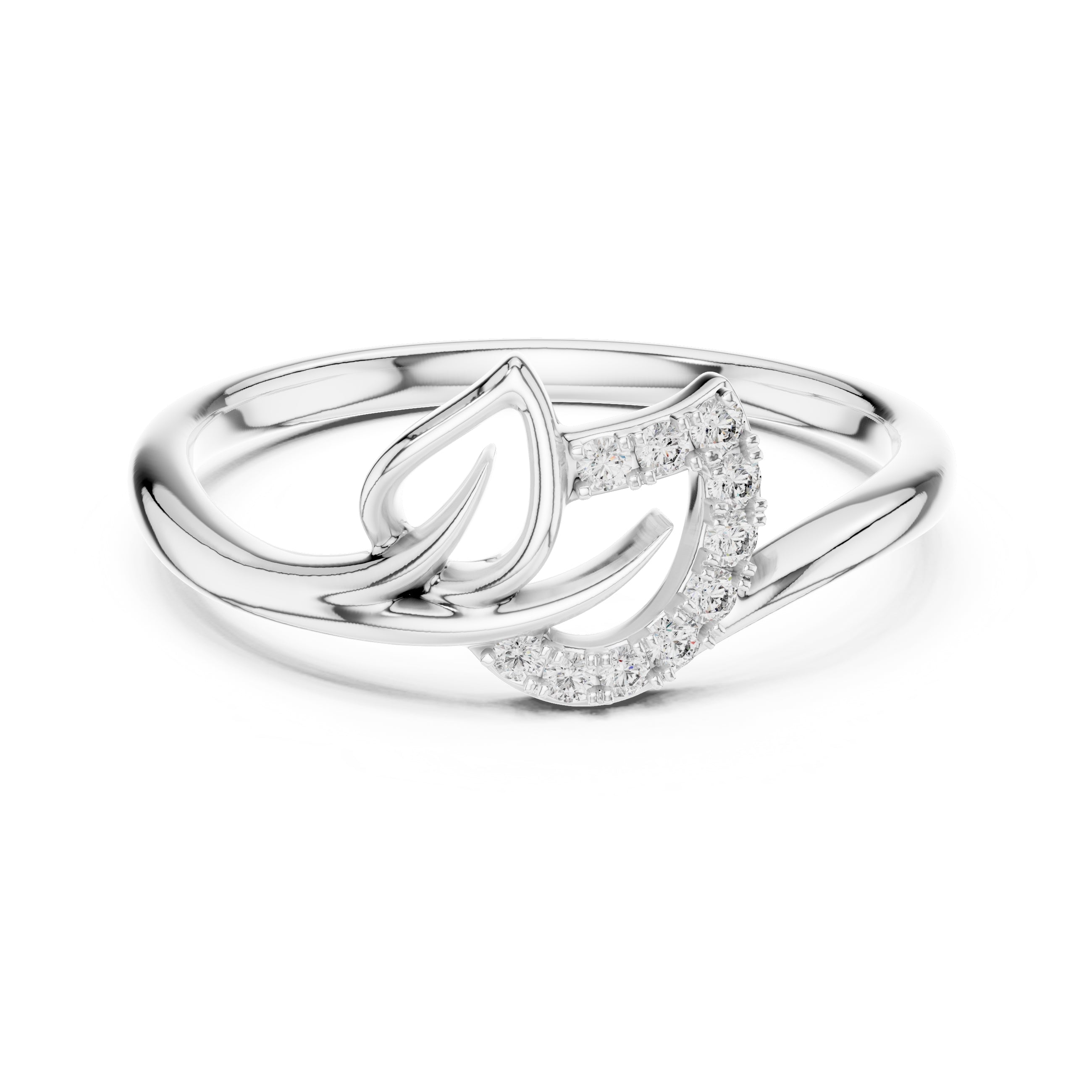 Curved Leaf Pavé Minimalist Ring White Gold
