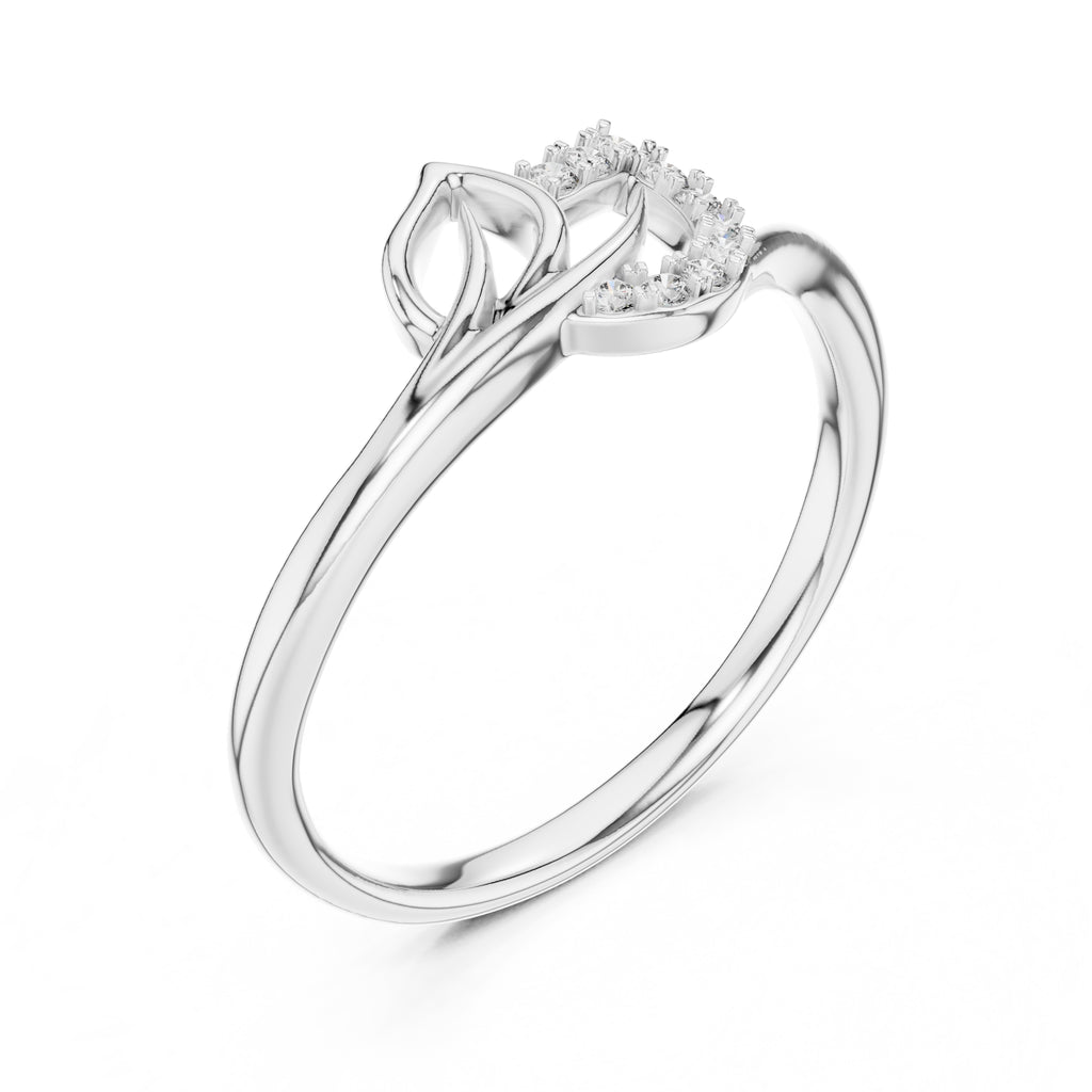 Curved Leaf Pavé Minimalist Ring White Gold